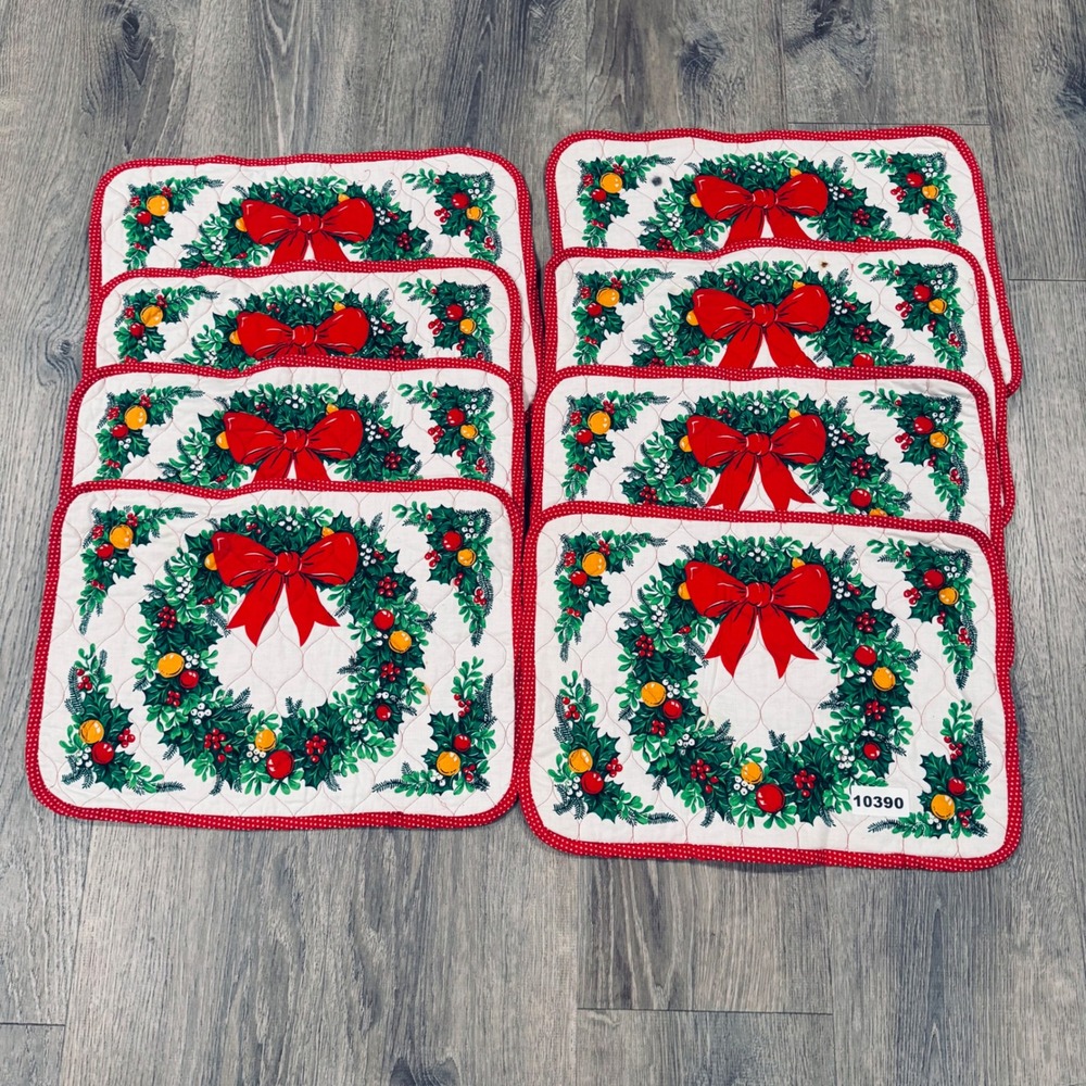 Vintage Christmas Quilted Placemats 8pc Wreath Bow Reversible Holiday Grannycore
